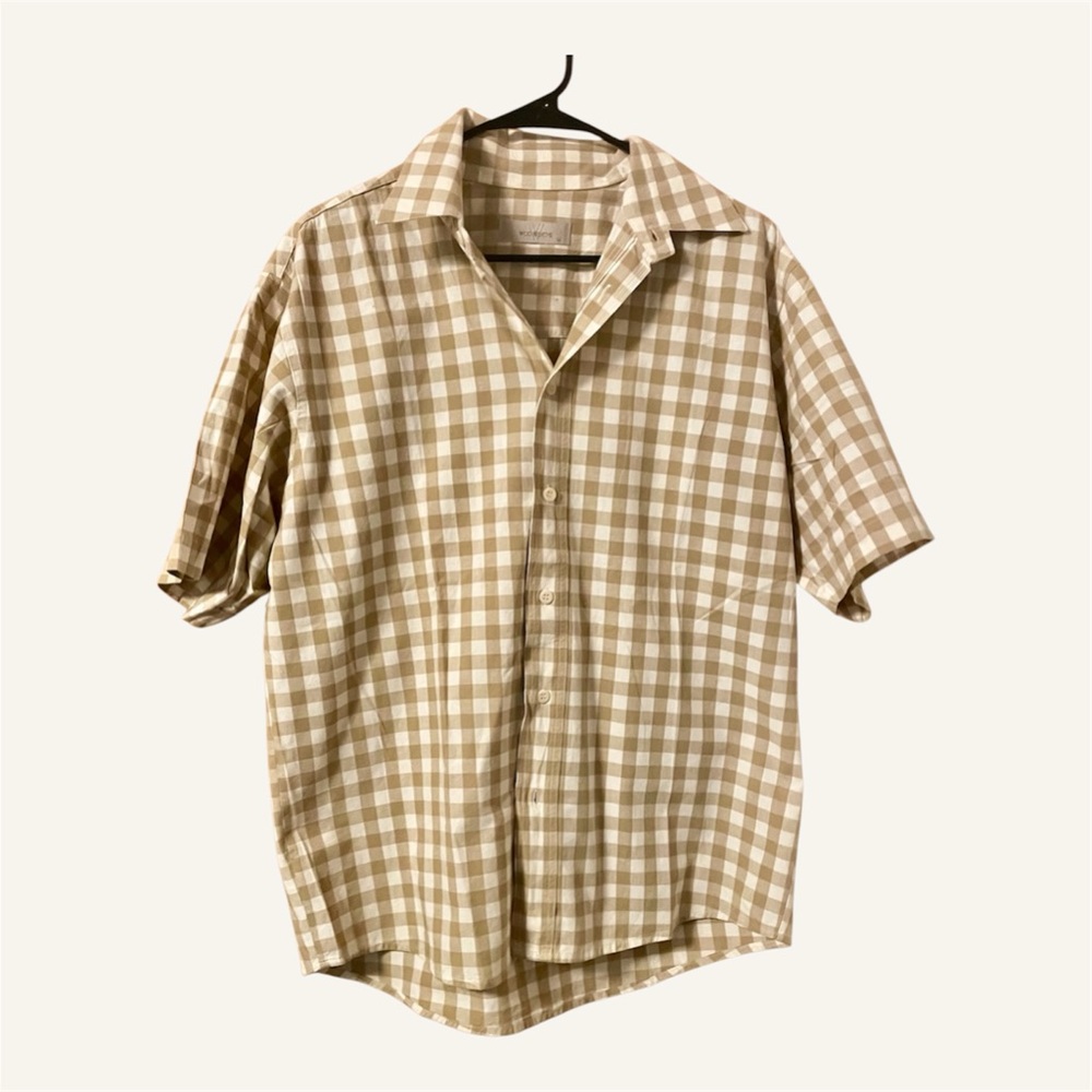 Vintage Woolsworths Men’s Brown and White Button up Shirt Short Sleeved Sz M